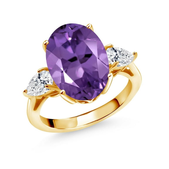 Gem Stone King 18K Yellow Gold Plated Silver Purple Amethyst and Lab Grown Diamond Engagement Ring for Women | 7.70 Cttw | Oval 14X10MM | Gemstone February Birthstone | Size 8