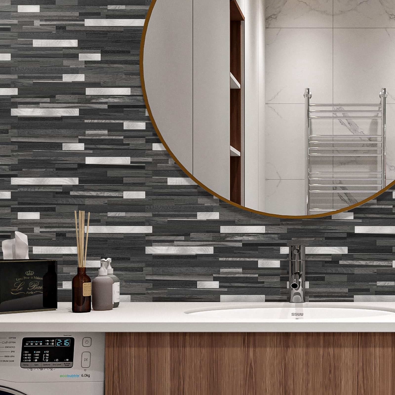 2 Sheets Peel And Stick Backsplash Tile  On For Kitchen Bathroom Black Grey Wood Look Pvc Mixed Metal Self Adhesive Wall Tiles