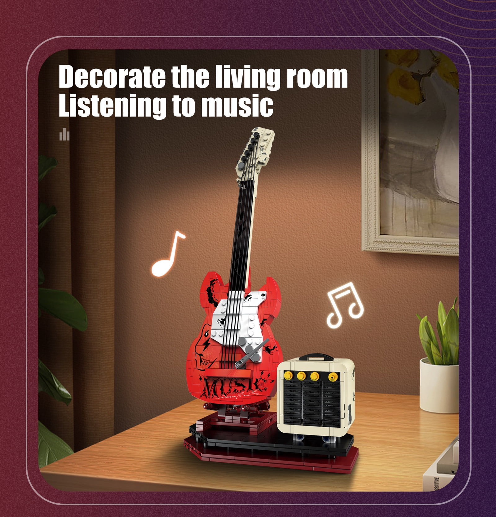 500+PCS Building Blocks Guitar Bluetooth Speaker, Assembleable Music Decor with Stand, Compatible Major Bricks, Gift for Music Lovers Christmas Birthday Valentine's Day
