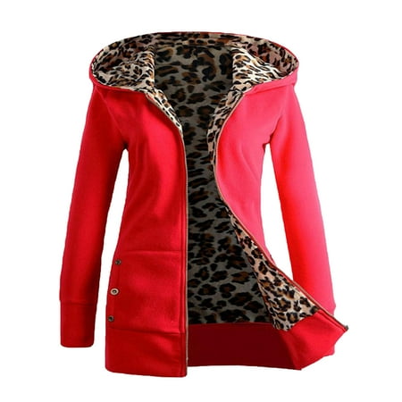 IROINNID Women s Short Hoodie Anorak Jacket Jacket Solid Color Long Sleeve Warm Coat Winter Leopard Outerwear Red