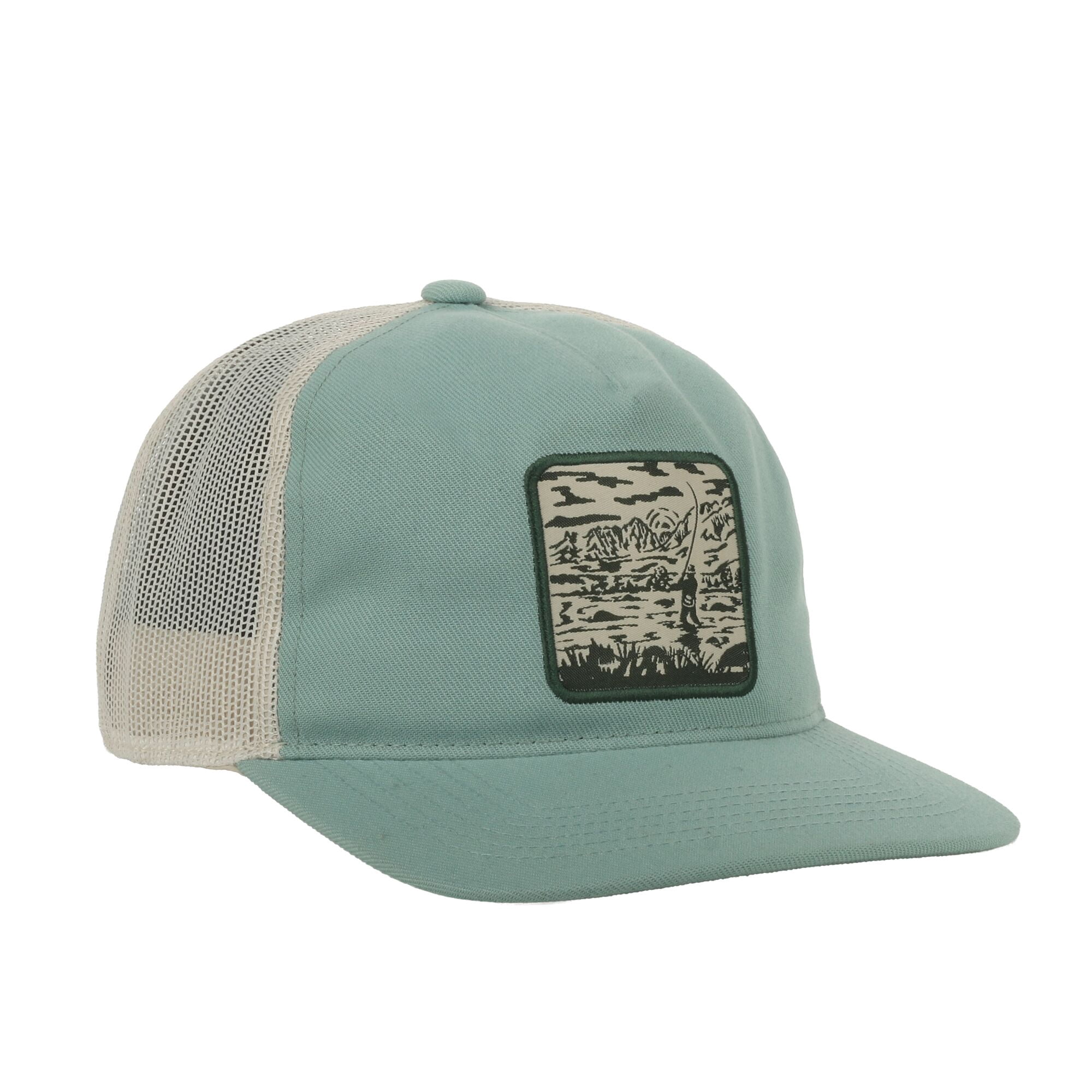 Outdoor Cap Fishing Landscape Mesh Cap – Unstructured Flat Bill Snapback, One Size, Green