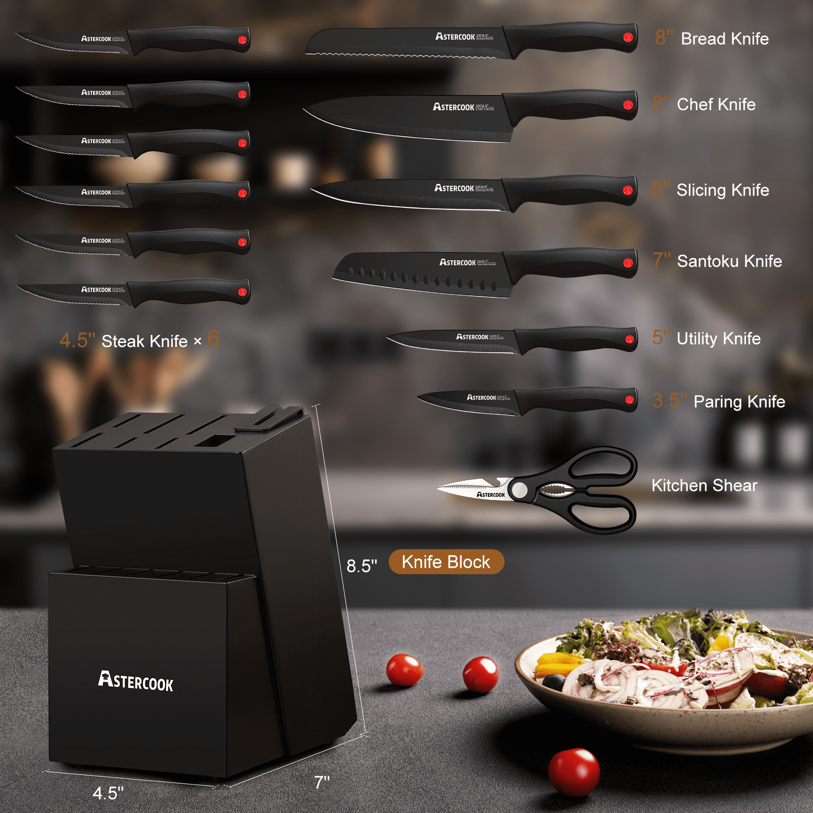 Astercook Kitchen Knife Set, 15 Pcs Knives Block Set with Builtin Sharpener, Healthy AntiRust Coatin(图3)