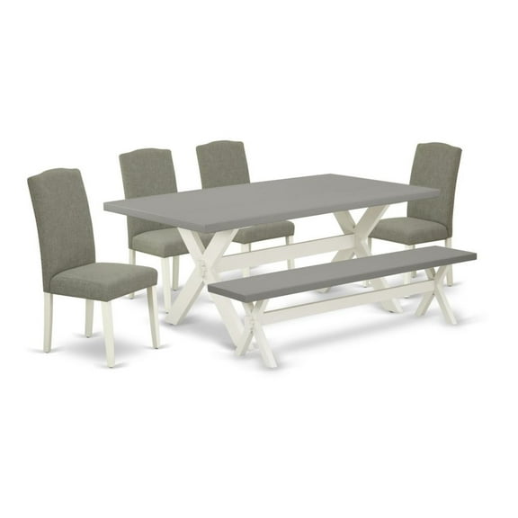 East West Furniture 6-Piece Awesome Dining Table Set an Outstanding Cement Color Wood Table Top and Cement Color Bench and 4 Wonderful Linen Fabric Solid Wood Leg Chairs with Nail Heads and...