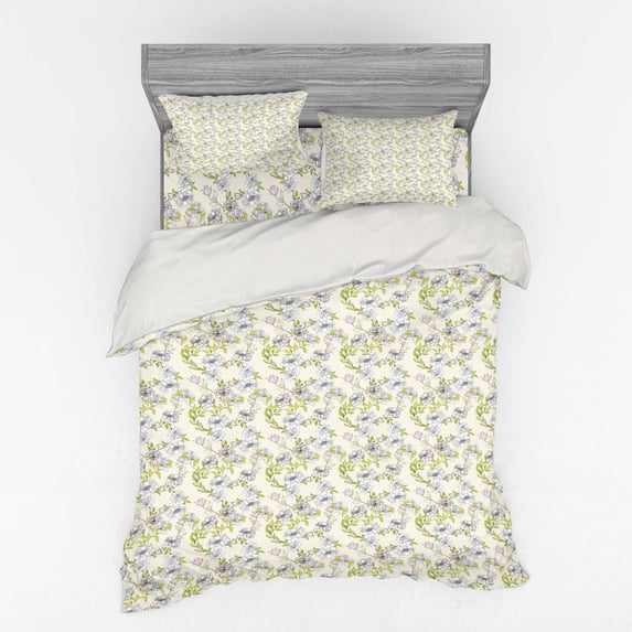 Ambesonne Flower Bedding Set 4 Pcs, Romantic Floral Leaves Art, Queen, Yellow Green Eggshell