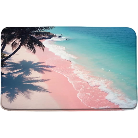 Ocean Beach Bath Mat Tropical Blue Sea Wave Pink Fantasy Seaside Palm Tree Coastal Hawaiian Nature Landscape Scenery Bathroom Rug Indoor Carpet Doormat 16x24 Inch
