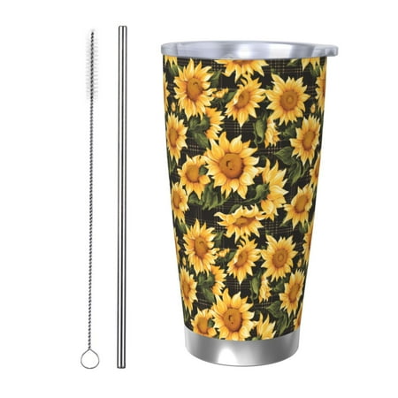 

Susaid Vintage Black Plaid Sunflower Print 20oz Car Cup Insulated Coffee Cup Fully Spill Proof Travel Coffee Mug Stainless Steel Tumbler for Work Home Outdoor Car-Straw Two-piece Set
