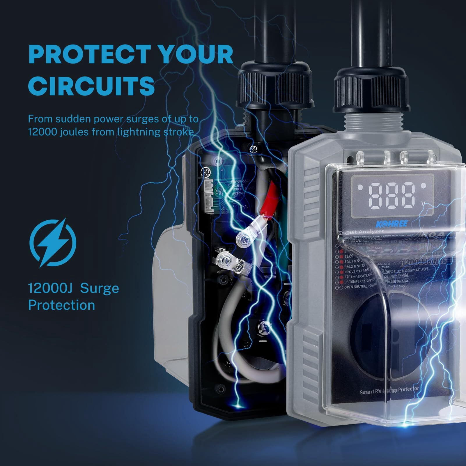 Kohree RV Surge Protector 50 Amp 12000 Joules with High/Low Voltage Protection,with LED Display Waterproof ,Auto Shut Off for Camper,Travel Trailers