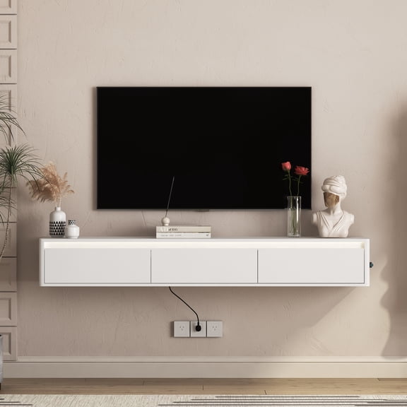 Floating TV Stand Wall Mounted Storage Cabinet with Led Lights & Power Outlet for Living Room,White