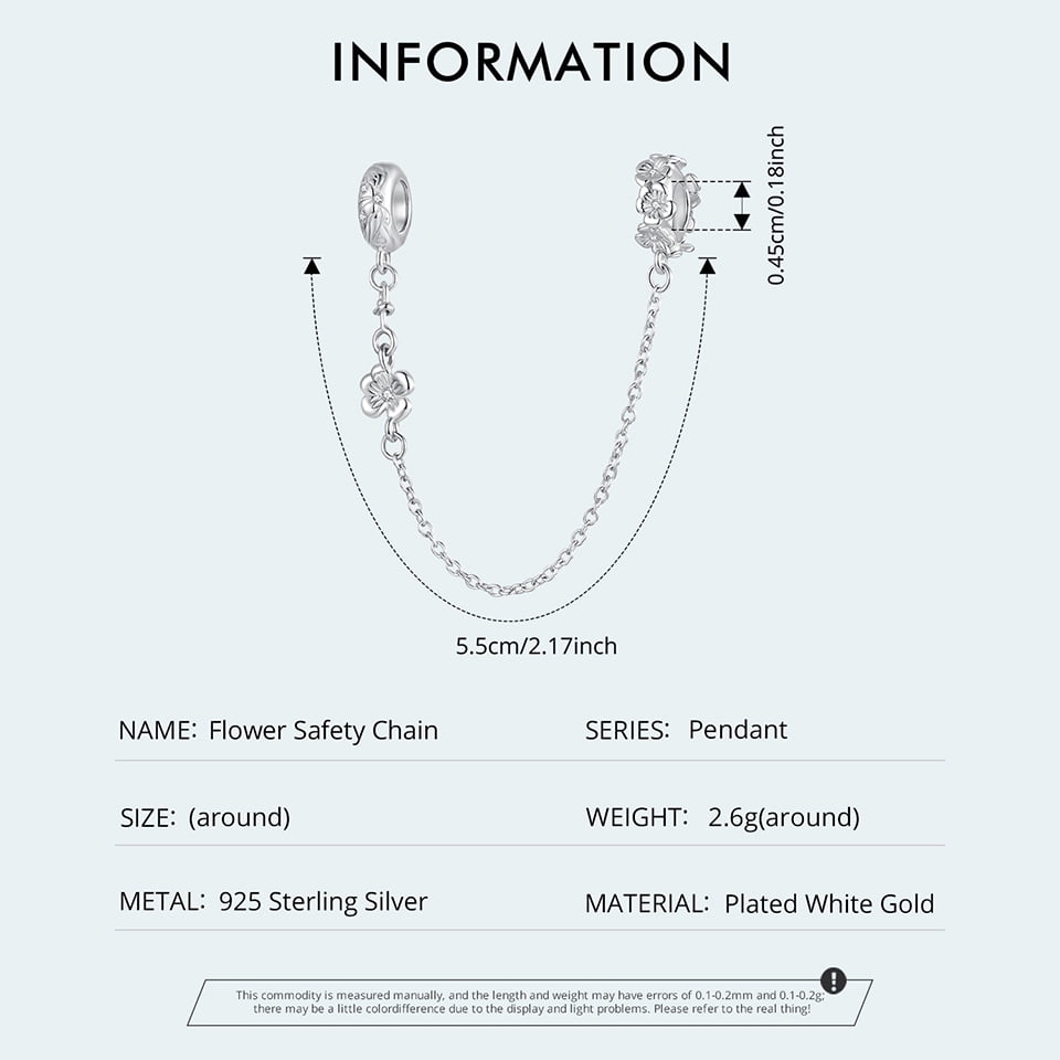 Floral Safety Chain Charm  , Genuine 925 Sterling Silver, Compatible with Most Charm Bracelet
