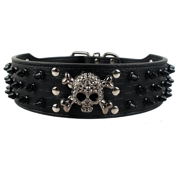 Collar de cuero con tachuelas para perro, con remaches de calavera, antimordeduras, hebilla ajustable resistente, gargantilla de PU premium para cachorros, perros pequeños, medianos y grandes.