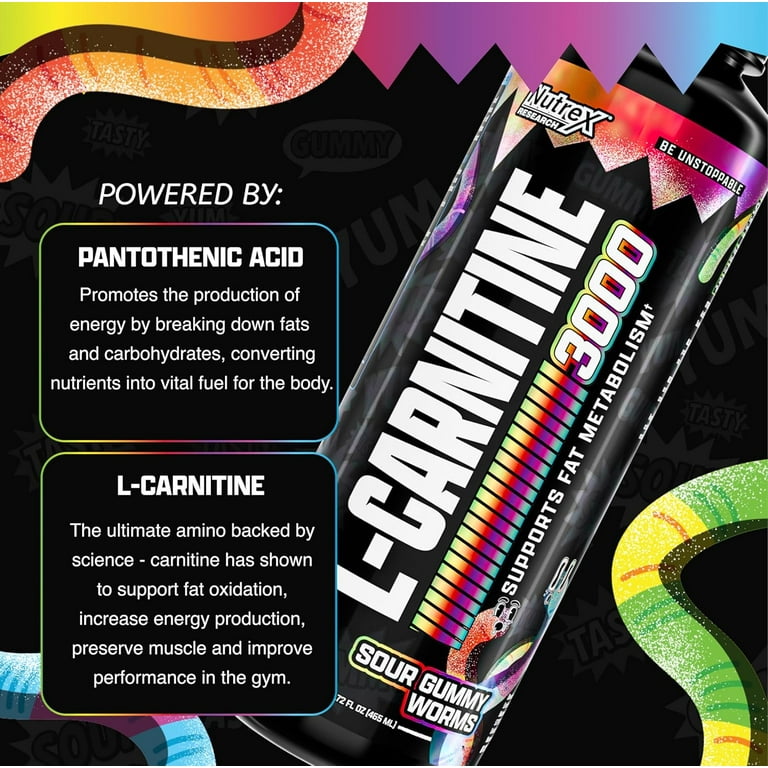 Nutrex Research Liquid L-Carnitine 3000 Sour Gummy Worms Fat Metabolism  Energy Support Drink 31 Servings - Walmart.com