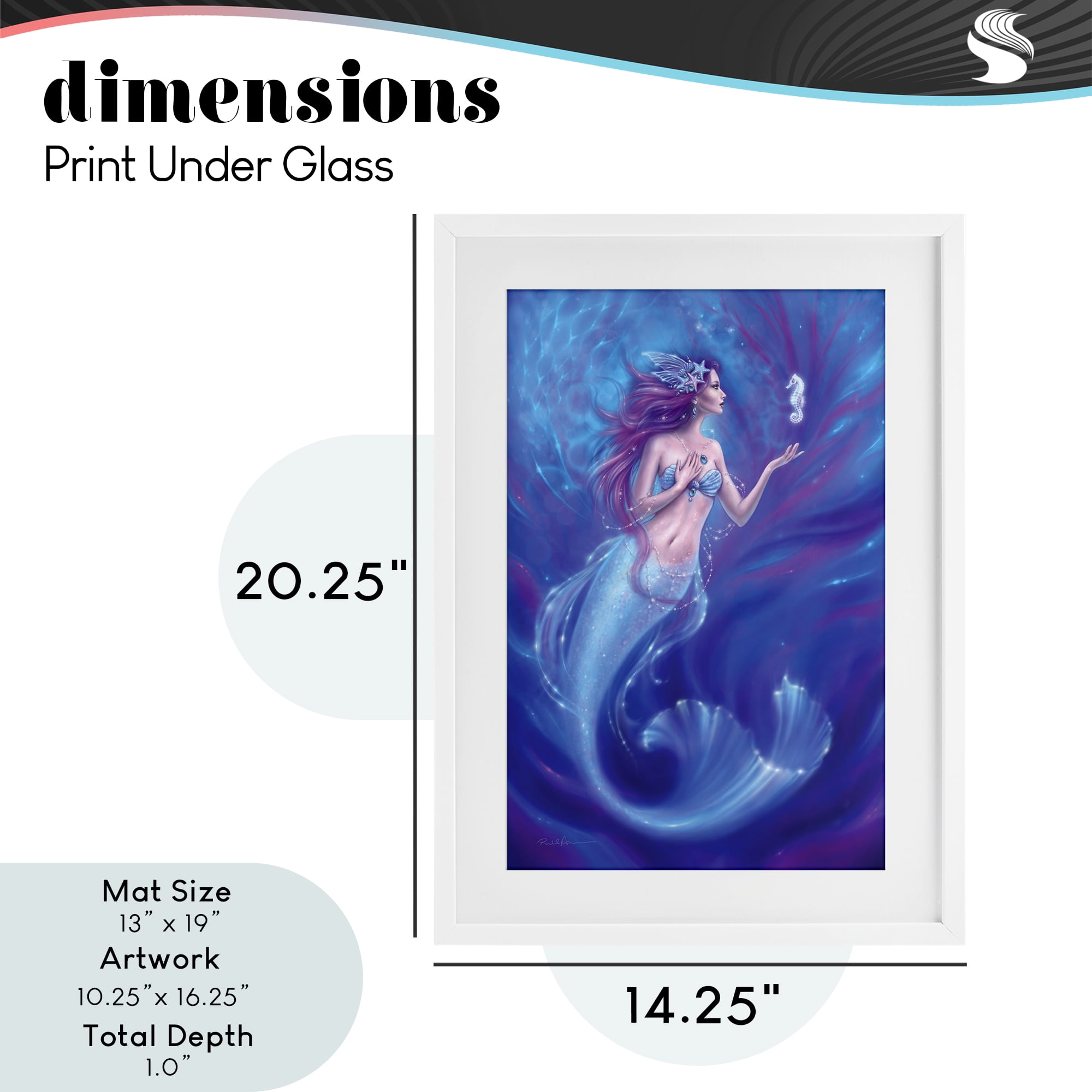 Jewel Bedecked Mermaid & Seahorse White Framed Print Under Glass, design by Rachel Anderson