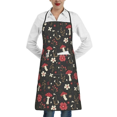 

Rocae Fly Agaric and Flowers for Kitchen Aprons for Women Adjustable Cooking Kitchen Chef Apron for Men with Pockets