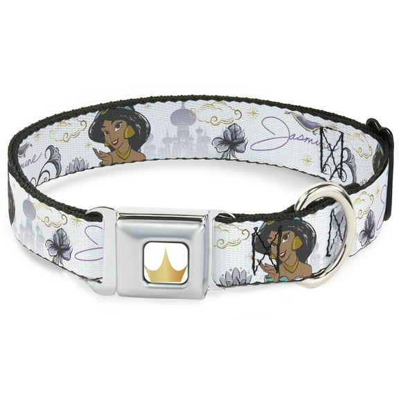 Disney Pet Collar, Dog Collar Metal Seatbelt Buckle, Aladdin Jasmine Palace Pose with Script and Flowers White, 9.5 to 13 Inches 1.0 Inch Wide