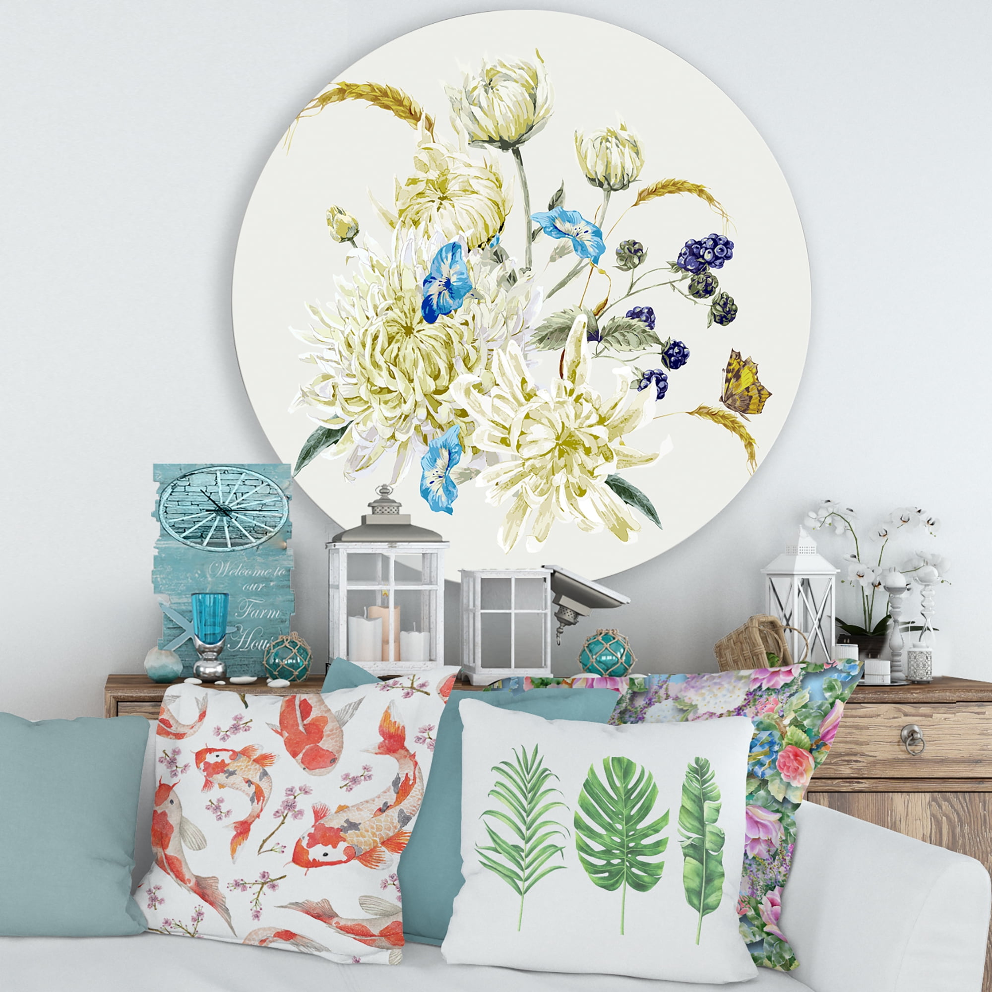 Designart 'Ancient Chrysanthemums With Bouquet II' Traditional Circle Metal Wall Art 36x36 - Disc of 36