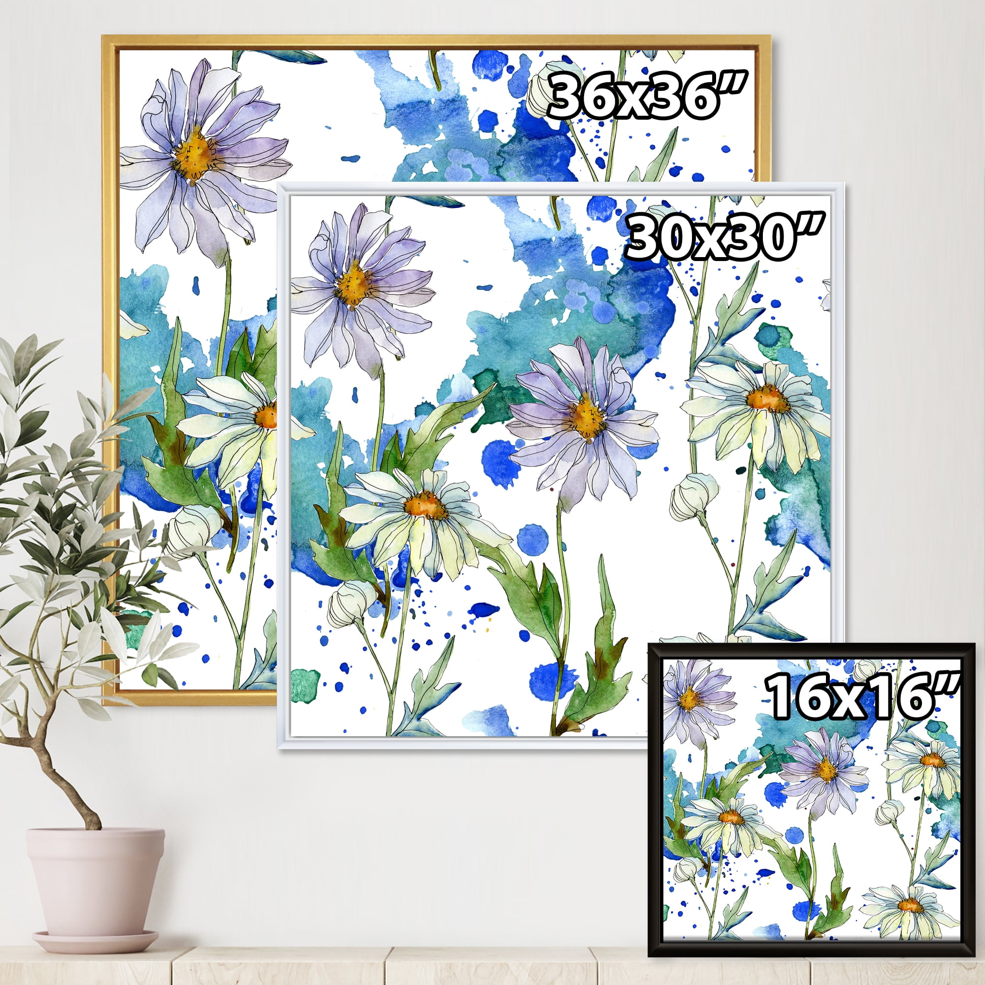Daisies With Green Leaves and Background 36 in x 36 in Framed Painting Canvas Art Print, by Designart