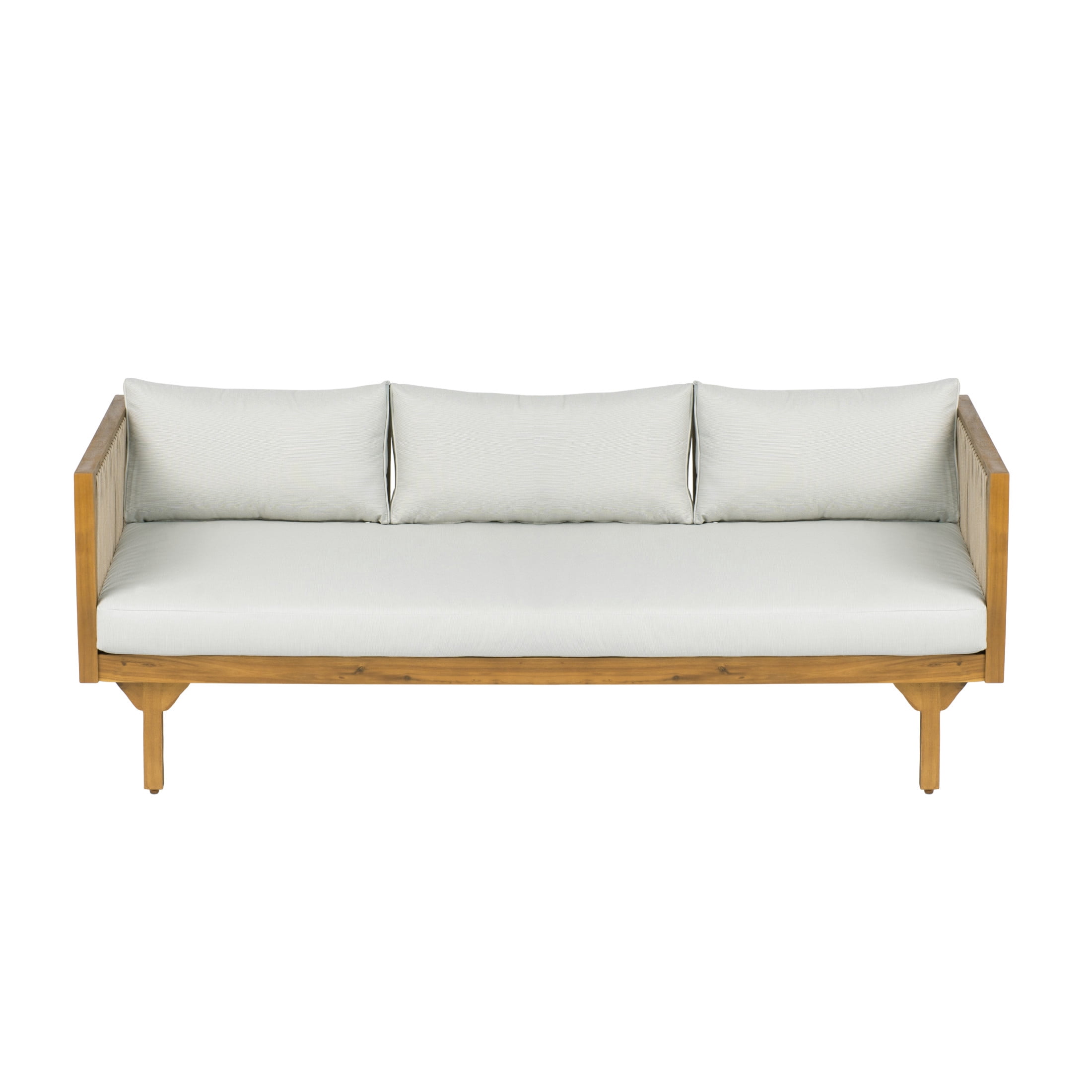 Christopher Knight Home 67.5" Outdoor Patio Acacia Wood Sofa with Light Brown Rope and Light Gray Cushions