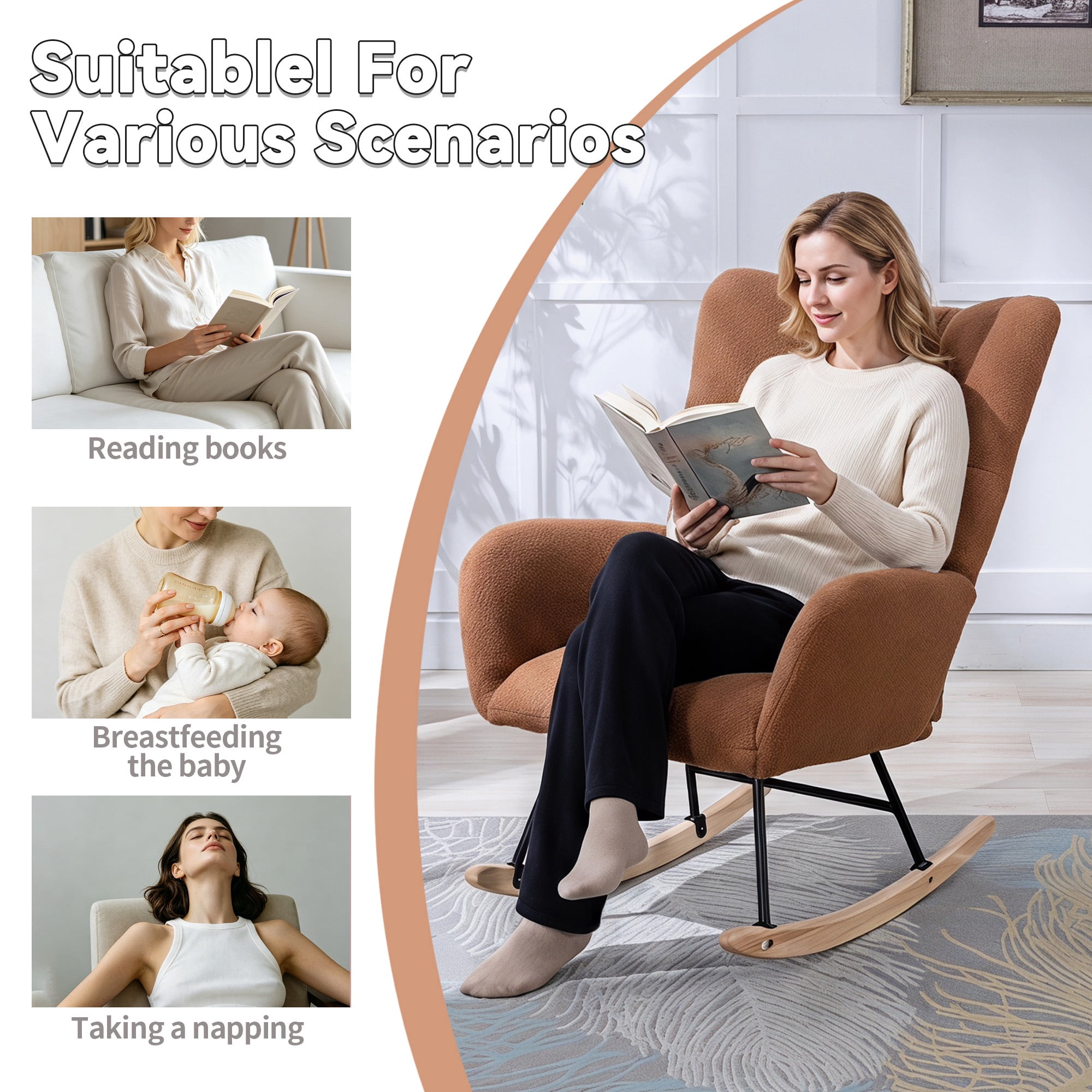Leumius Rocking Chair Nursery,Teddy Upholstered Glider Rocker with High Backrest,Modern Rocking Accent Chairs Glider Recliner for Living Room, Nursery, Bedroom,Brown