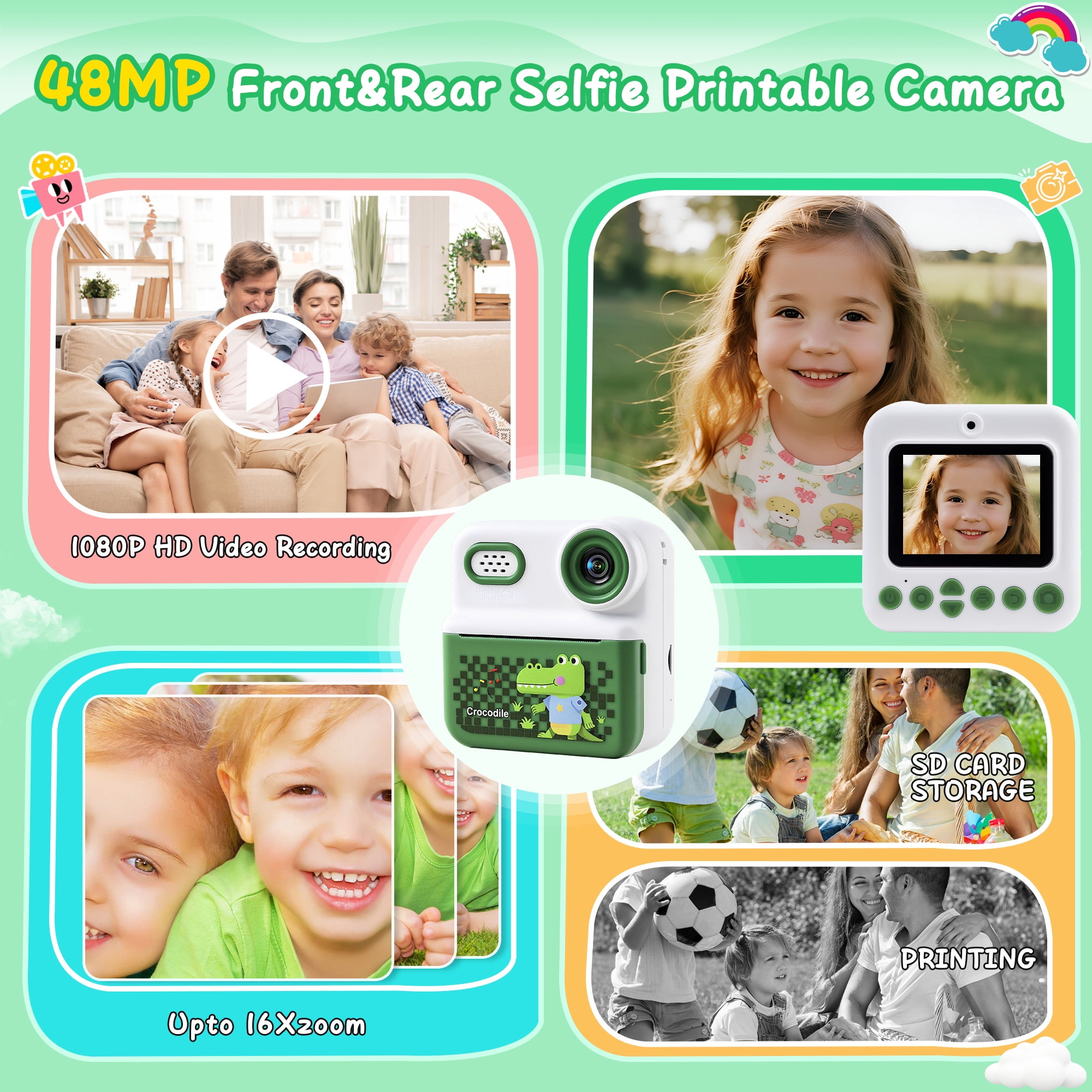 ALLJOY Instant Print Kids Camera with 64GB SD Card 1080P HD Digital Video Camera Toy for Toddler Kids, Christmas Birthday Gift for Girls Ages 3-12,  Green