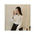 thumbnail image 2 of Women Solid Bow Tie Neck Chiffon Shirts Ruffles Long Sleeve Ladies Casual Loose Blouse Tops, 2 of 6