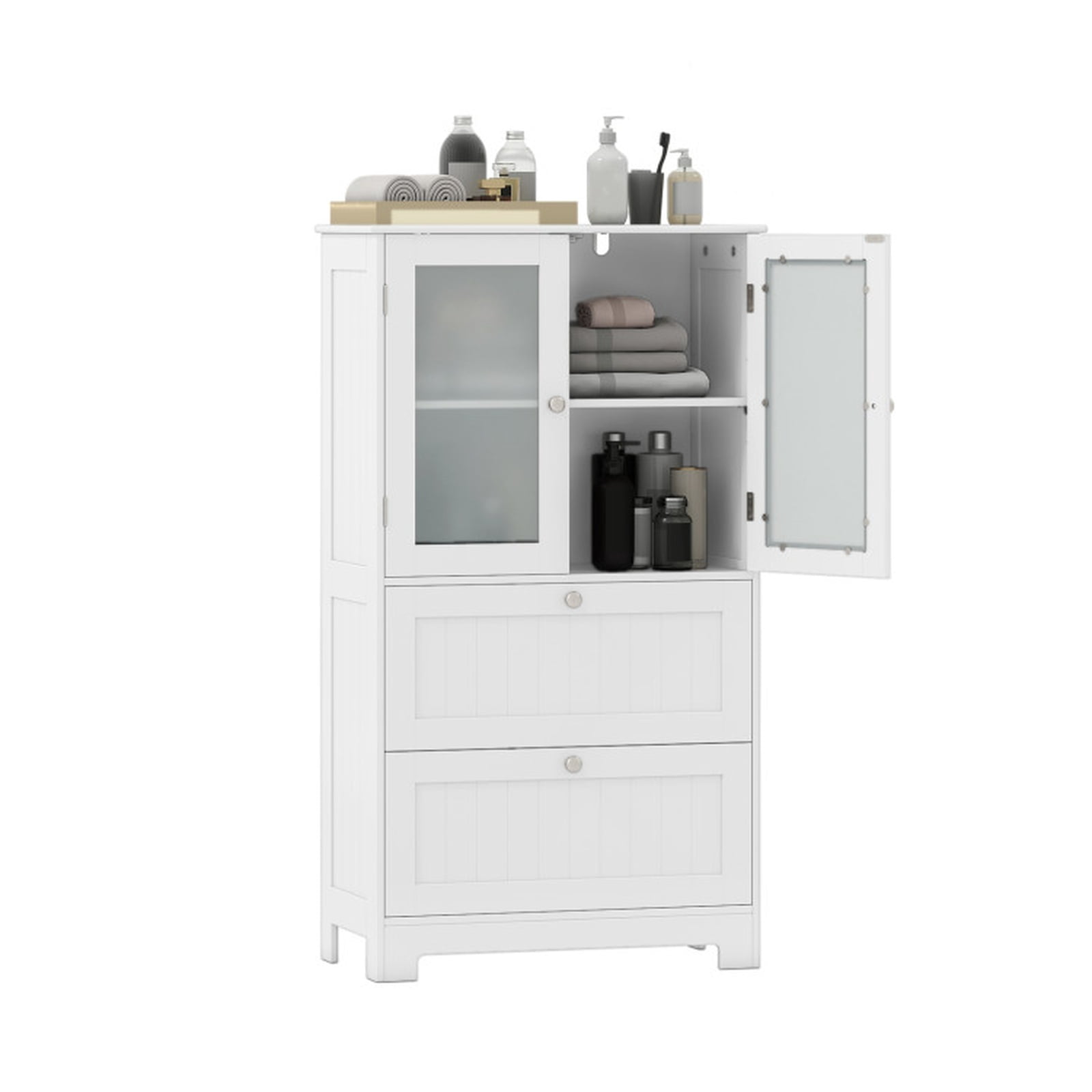 Vebreda Freestanding Bathroom Storage Cabinet, Bathroom Floor Storage Cabinet Freestanding Cupboard Pantry with 2 Drawers and 2 Frosted Glass