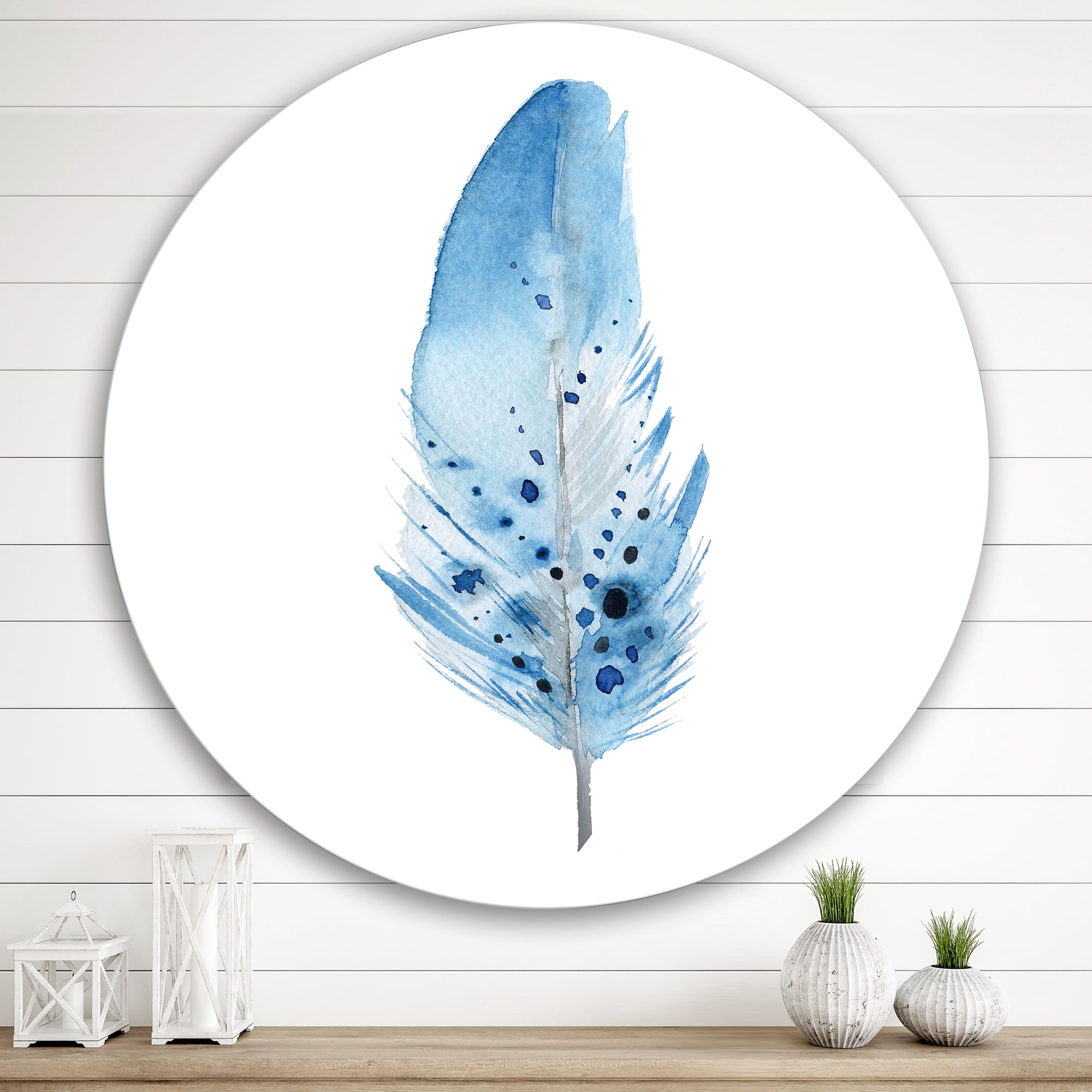 Designart 'Abstract Blue Boho Feathers' Bohemian & Eclectic Circle Metal Wall Art 29x29 - Disc of 29