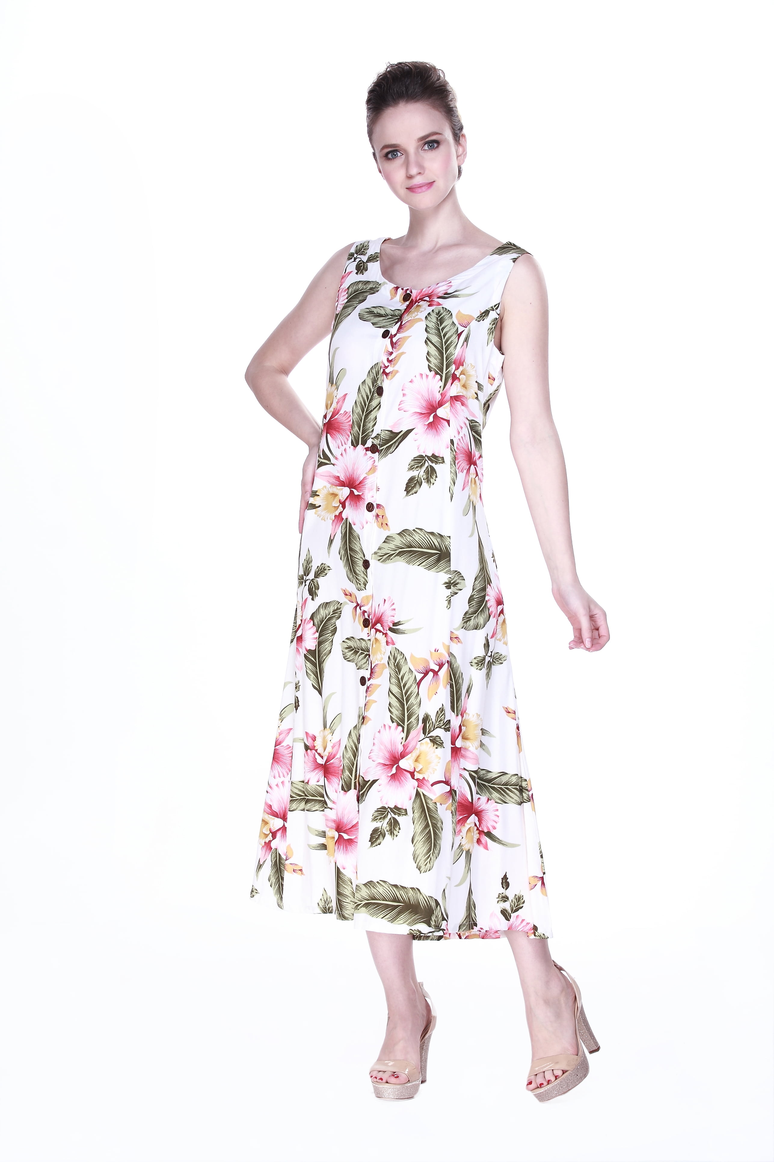 Maxi Dress Indigo Dress Hawaiian Dress Cruise Tropical Button Front in Cream Rafelssia - Walmart.com