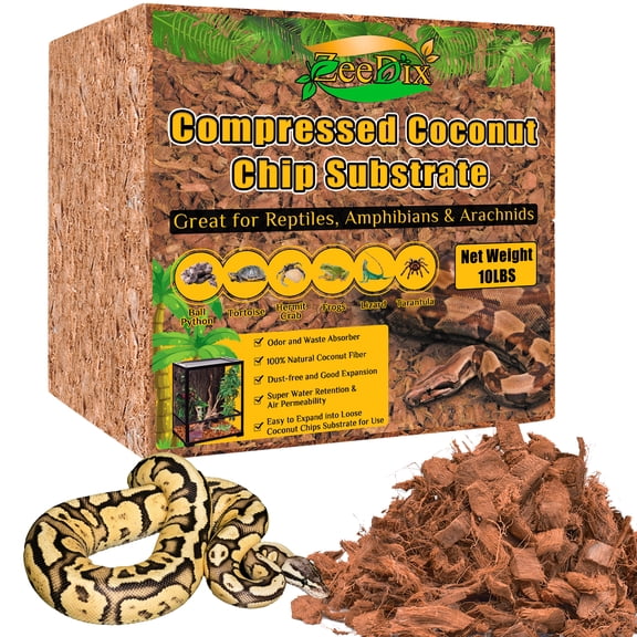 ZeeDix 10LB Compressed Coconut Chips Brick Natural Coconut Husk for Reptiles Bedding Coco Coir Chips Terrarium Substrate for Ball Python Frog Snake Gecko Hermit Crab Tortoise