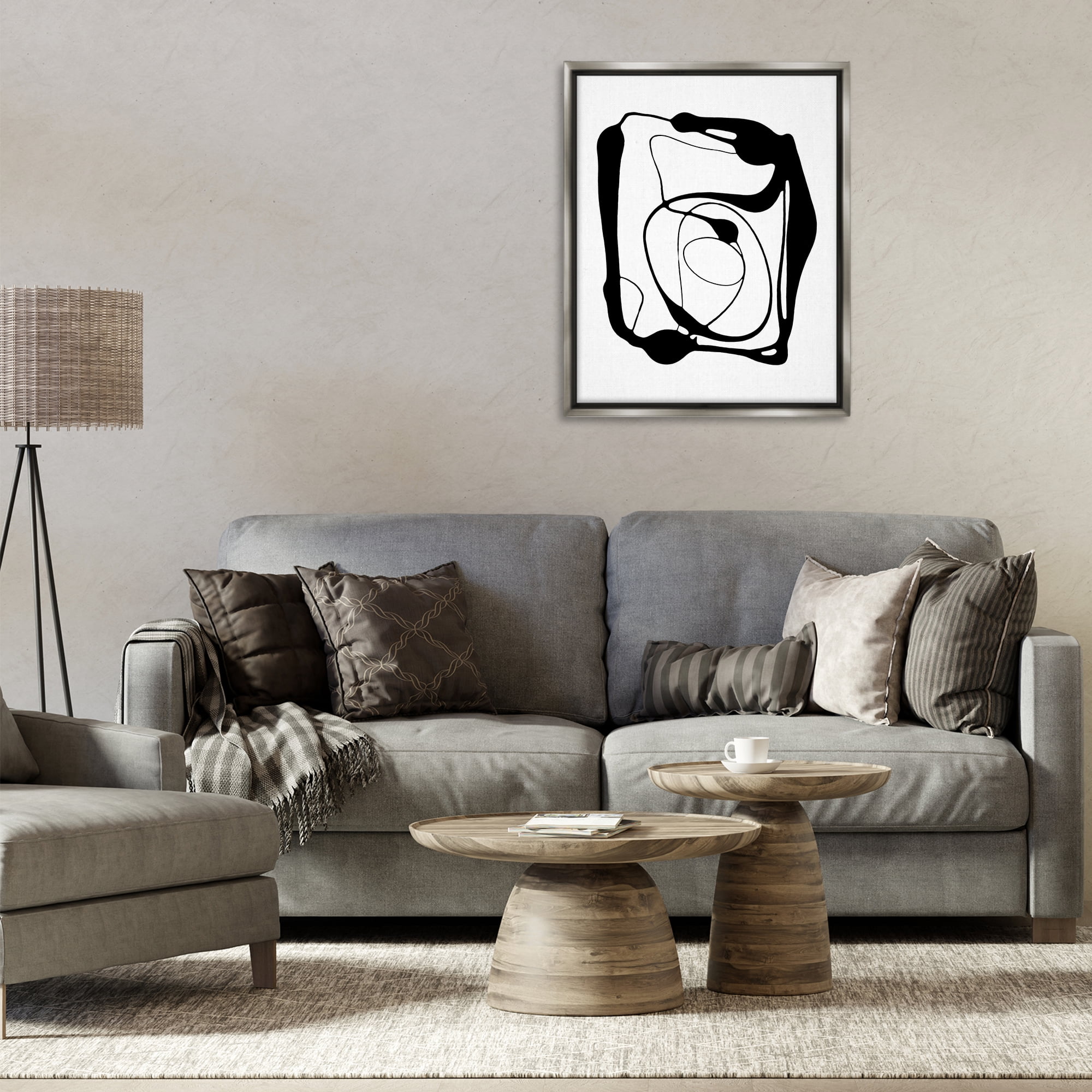 Stupell Industries Black Swirled Figure Abstract Painting Gray Floater Framed Canvas Art Print Wall Art, 25 x 31