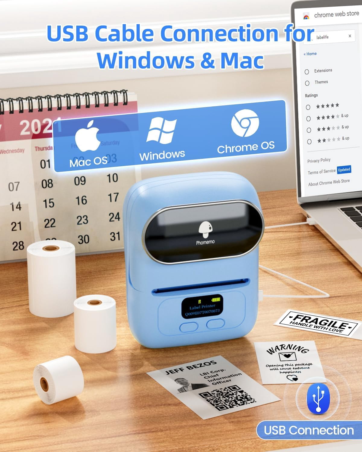 Phomemo M110 Label Printer - Portable Bluetooth Address Label Maker for Small Business, Barcode & Retail, Compatible with Phones & PC (Blue)