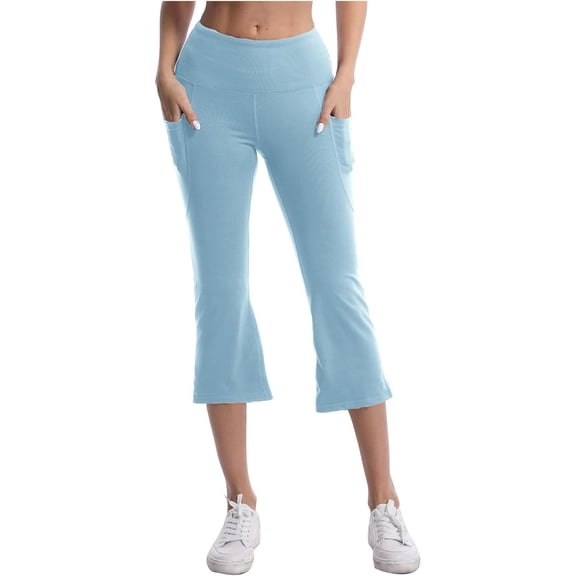 FYEGRE Capri Pants for Women Stretch Yoga Dress Pants with Pockets Ruffle Bell Bottom Athletic Work Leggings Sky Blue S