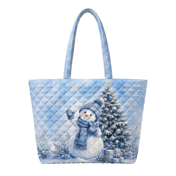Glofpot Quilted Tote Bag, Womens Large Shoulder Tote Bag With Zipper, Multi Pocket Quilted Tote Bag For Work Laptop Travel, Blue Snowman Christmas Tree Winter Pattern