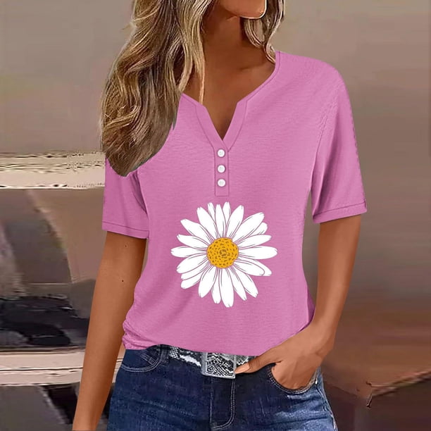 Fiudx Liquidación de Ahorros de Verano Blusa de Manga Corta con Estampado de Moda para Mujer, Camiseta con Cuello En V, Tops Informales con Botones