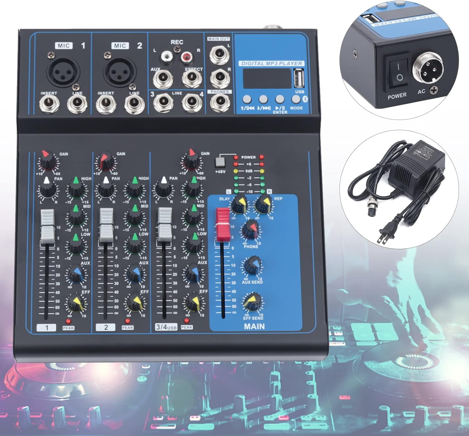 Professional 4-Channel Mixing Console Audio Mixer Sound Board Bluetooth USB Live Studio Mixer with USB Drive for PC Recording,48V Phantom Power Stereo DJ Studio Streaming