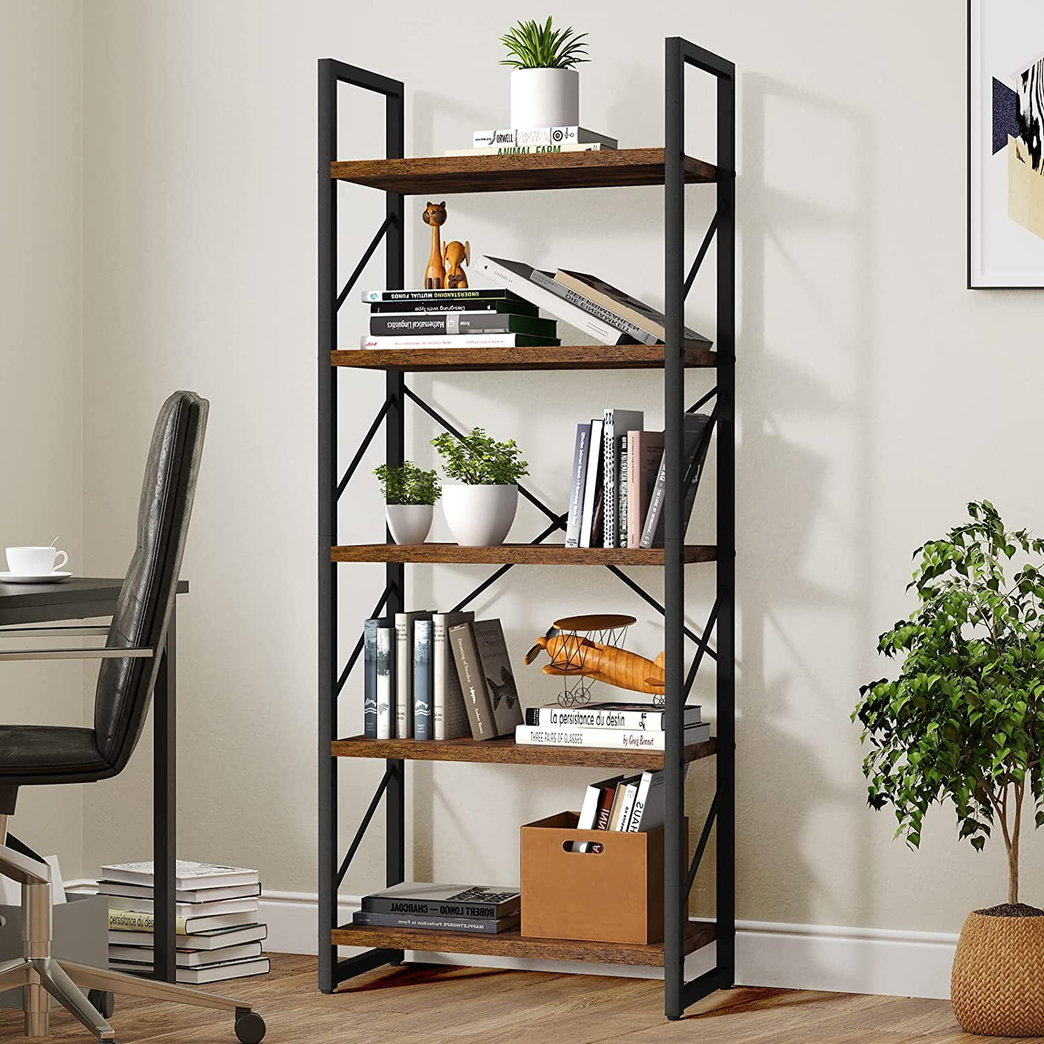 Dextrus 5 Tiers Ladder Bookshelf, 62 inch Classically Modern Bookshelf,Storage Rack Shelves in Living Room/Home/Office,Rustic Brown