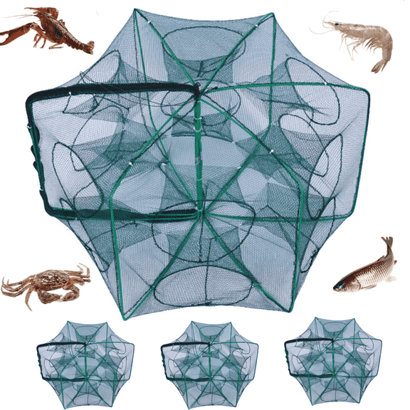 3‑Pack Crawfish Traps, 12-Hole Fishing Trap, Cylindrical Hexagon Crab Trap, Green Foldable Fishing Net, Fishing Accessories for Small Fish Shrimp Crab Crawfish (23.6 x 13.8 in)