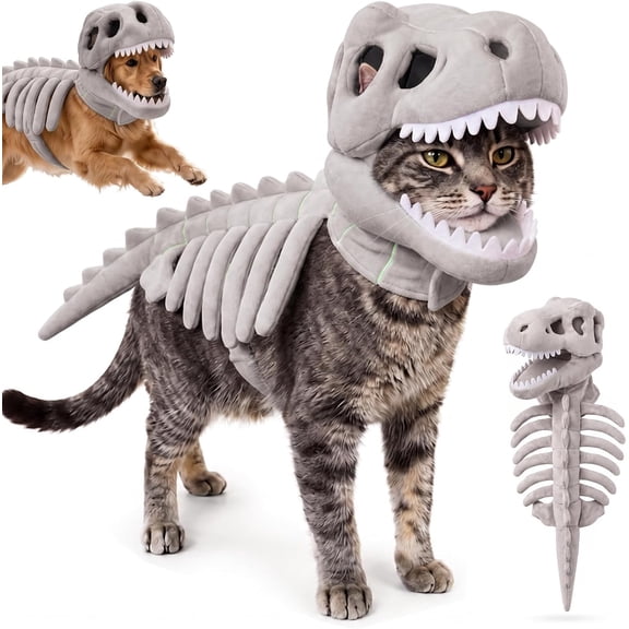 Zydvens Glow in the Dark Pet Dinosaur Skeleton Costume - 3D Cozy Plush Cat Dog Skeleton Halloween Outfit Adjustable Soft for Halloween Pet Cosplay Costume