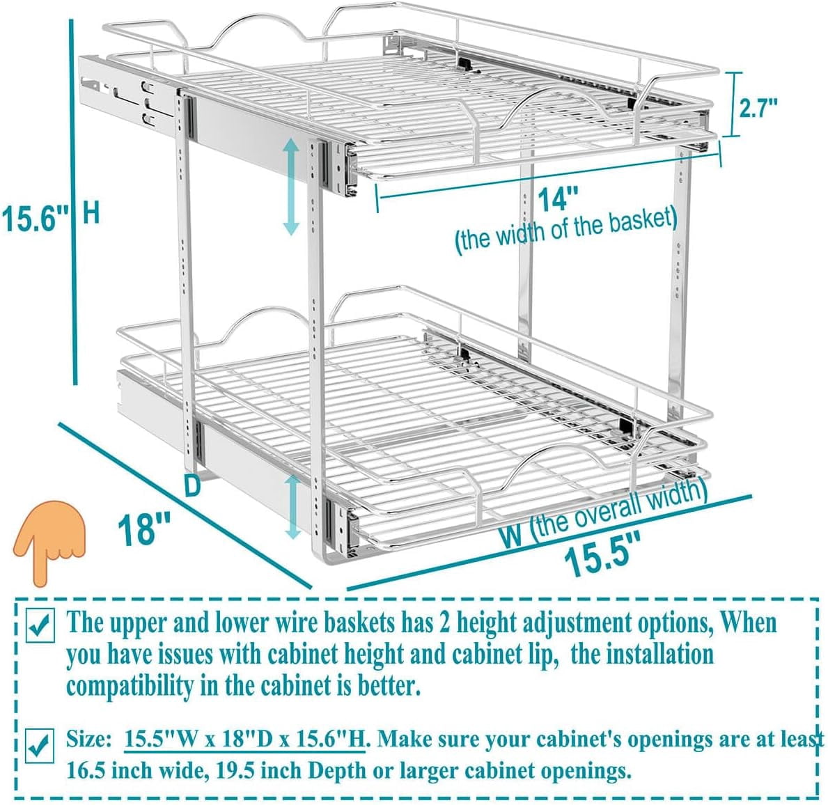 OCG 2-Tier Slide Out Drawers for Base Cabinet Organization in Kitchen Bathroom Pantry(15.5"W x 18"D x 15.6"H)