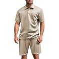 thumbnail image 2 of Men's Textured Short Sleeve Collared Shirt & Shorts Set Khaki S, 2 of 9