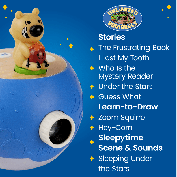 Luna Storytime Mo Willems Zoom Squirrel Character with 5 Stories, Drawing Guides, and Sleepytime Scene