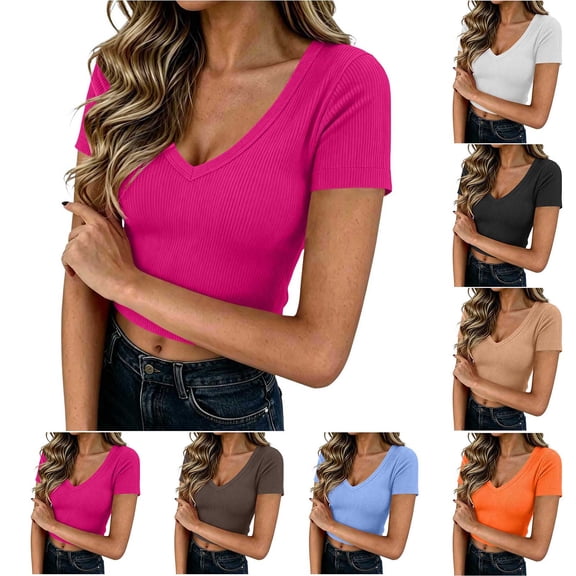 Aboser Women's Going Out Basic Tees Y2K Crop Tops Slim Fit Short Sleeve T Shirts Soft V Neck Layering Shirt Breathable Solid Color Cropped Tshirts