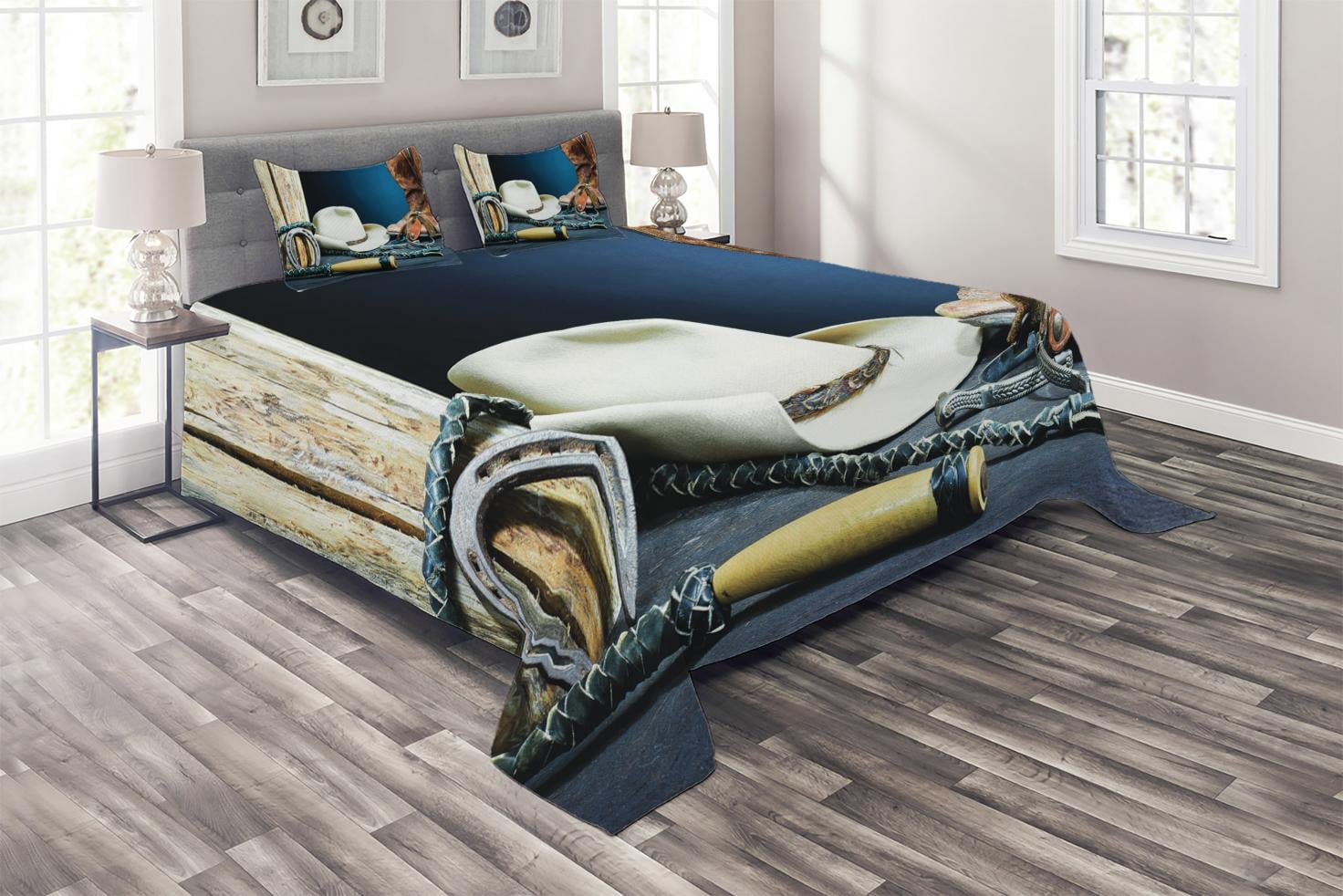 Western Coverlet Set Queen Size, Equestrian Backdrop with Antique