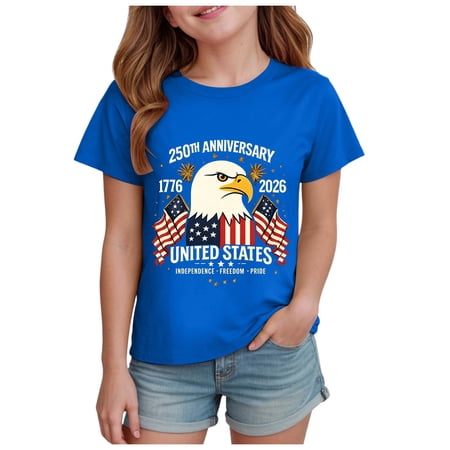 Karoyedx Toddler Girls Summer Clothes Girls 4th of July USA Shirt 250th Anniversary American Flag Patriotic T-Shirt Independence Day Outfit for Kids Blue Size 7-8 Years
