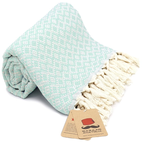 Bazaar Anatolia Turkish Beach Towel 100% Cotton Bath Towels Oversized Quick Dry Bathroom Towels Sand Free Camping Blanket 71x39 inches - Ethnic Mint