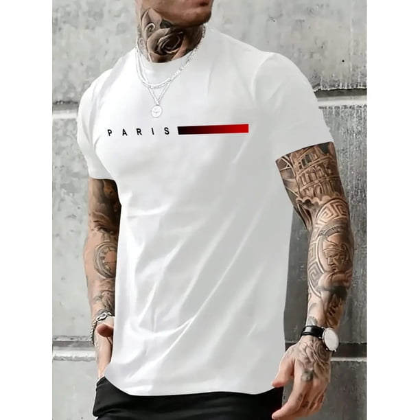 Camiseta informal de cuello redondo para hombre, estampado de París, ligera elasticidad, corte regular, top de verano