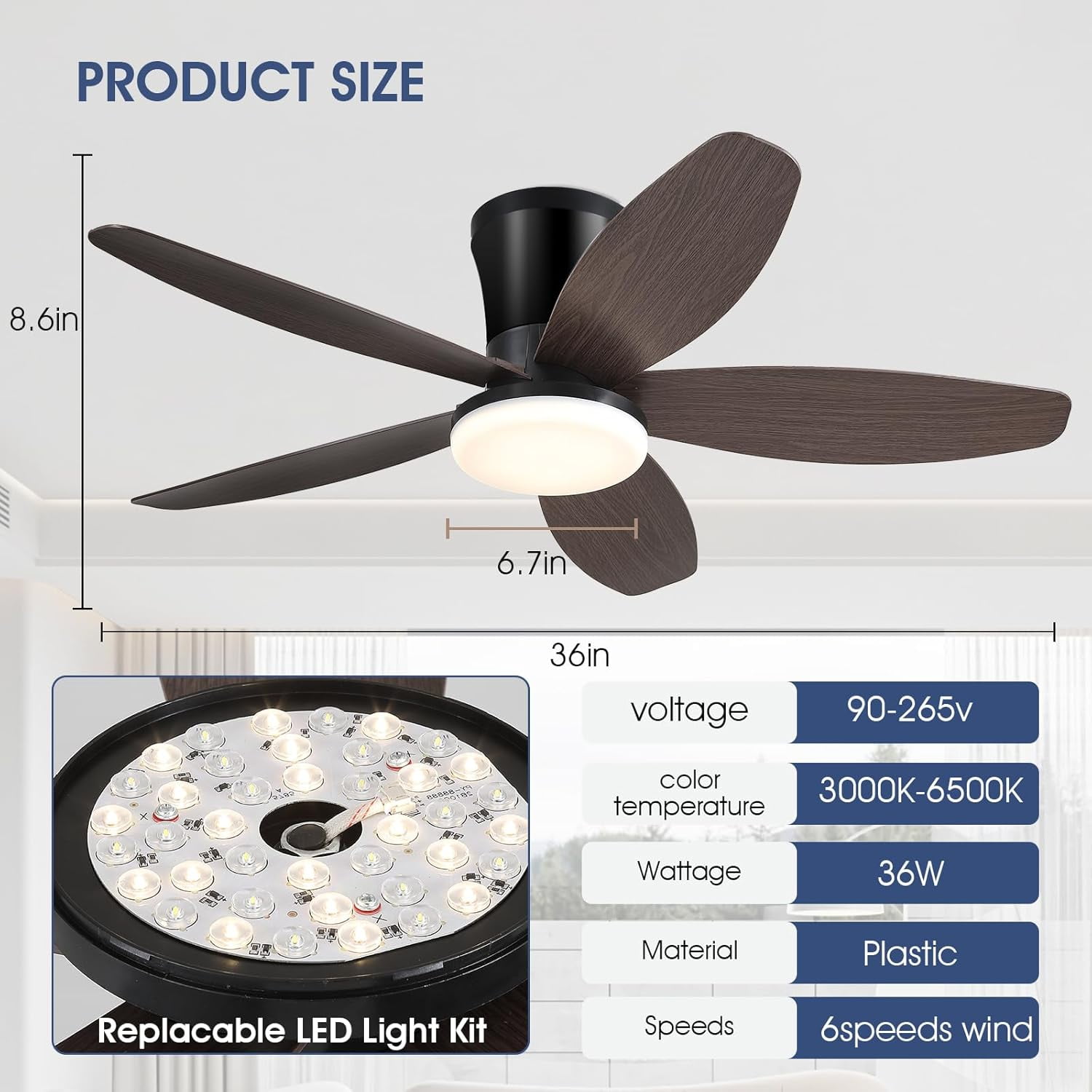 Phorus 36" Low Profile Ceiling Fan with LED Light, Remote/APP Control, Quiet Reversible DC Motor, Dimmable Modern Ceiling Fan for Bedroom, Brown