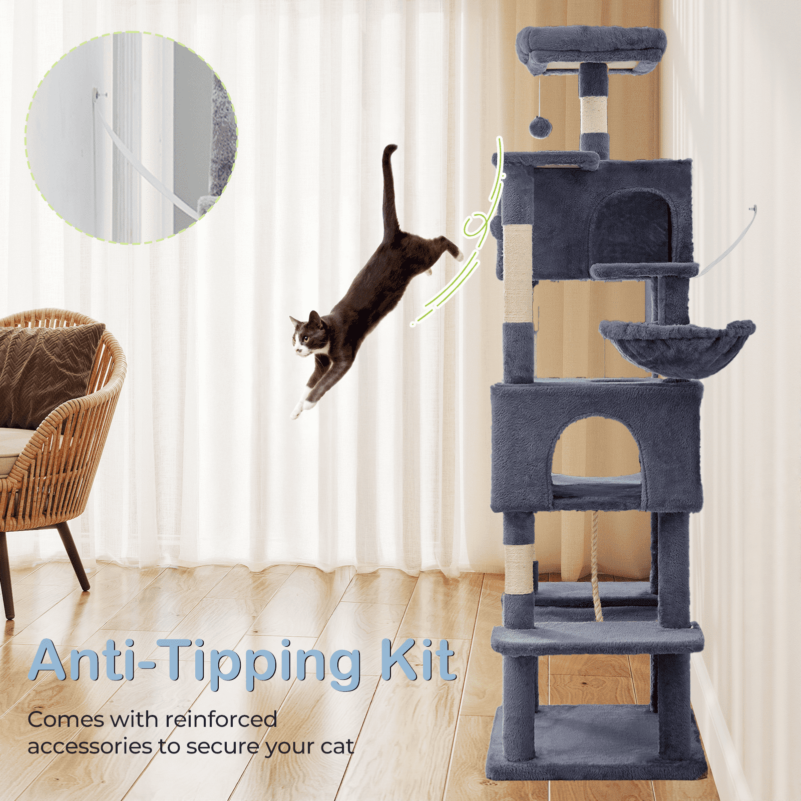 MAYEERTY 66-inch Cat Tree Tower Multi-Cat Climbing Extended Platform Hammock Pet House