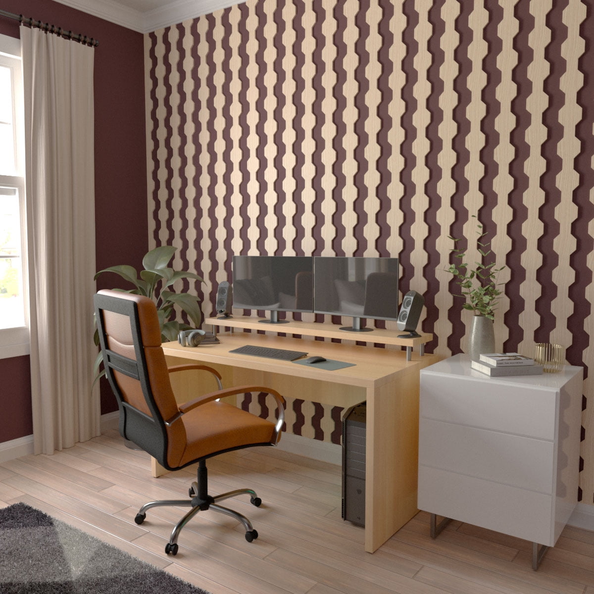 Ekena Millwork 47"H x 3/8"T Pontiac Adjustable Wood Decorative Slat Wall Panel Kit, Red Oak (contains 16 Slats + 1 Straight Edge Starter Slat)