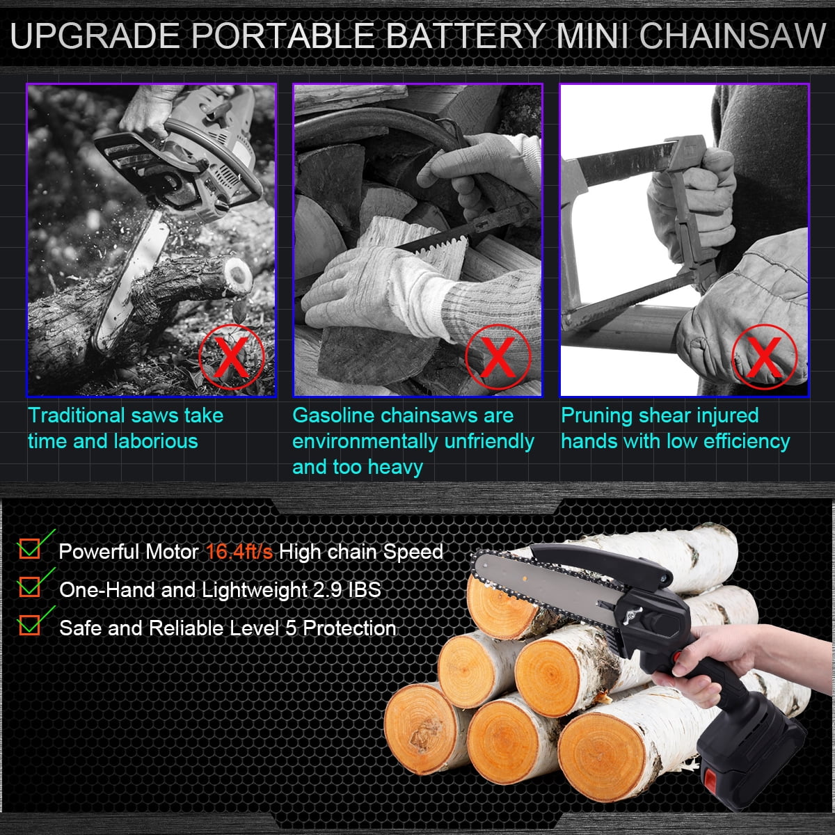 6 inch Mini Chainsaw with 1 Batteries & 1 Chains, Electric Chainsaw for Cutting, Ideal Electric Chainsaw Portable for Gardening, Tree Trimming