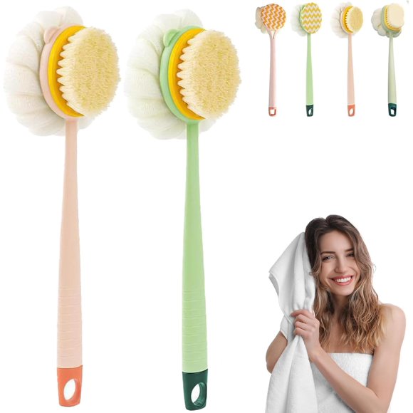 2-in-1 Bath Scrubber & Back Brush, Double-Side Body Scrubber Soft Texture, Back Scrubbers For Shower, Massage Bristles Suitable For Wet Or Dry, Men And Women (2pcs-A)